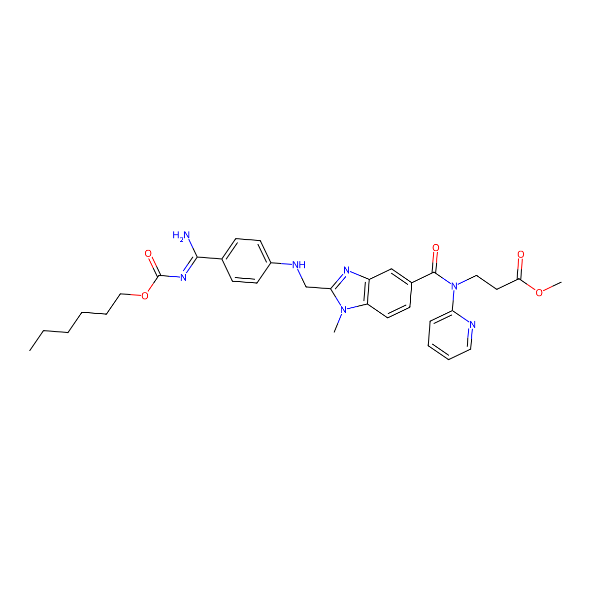 methyl 3-[[2-[[4-[(Z)-N'-hexoxycarbonylcarbamimidoyl]anilino]methyl]-1-methylbenzimidazole-5-carbonyl]-pyridin-2-ylamino]propanoate molecular structure, CAS 1408238-39-0