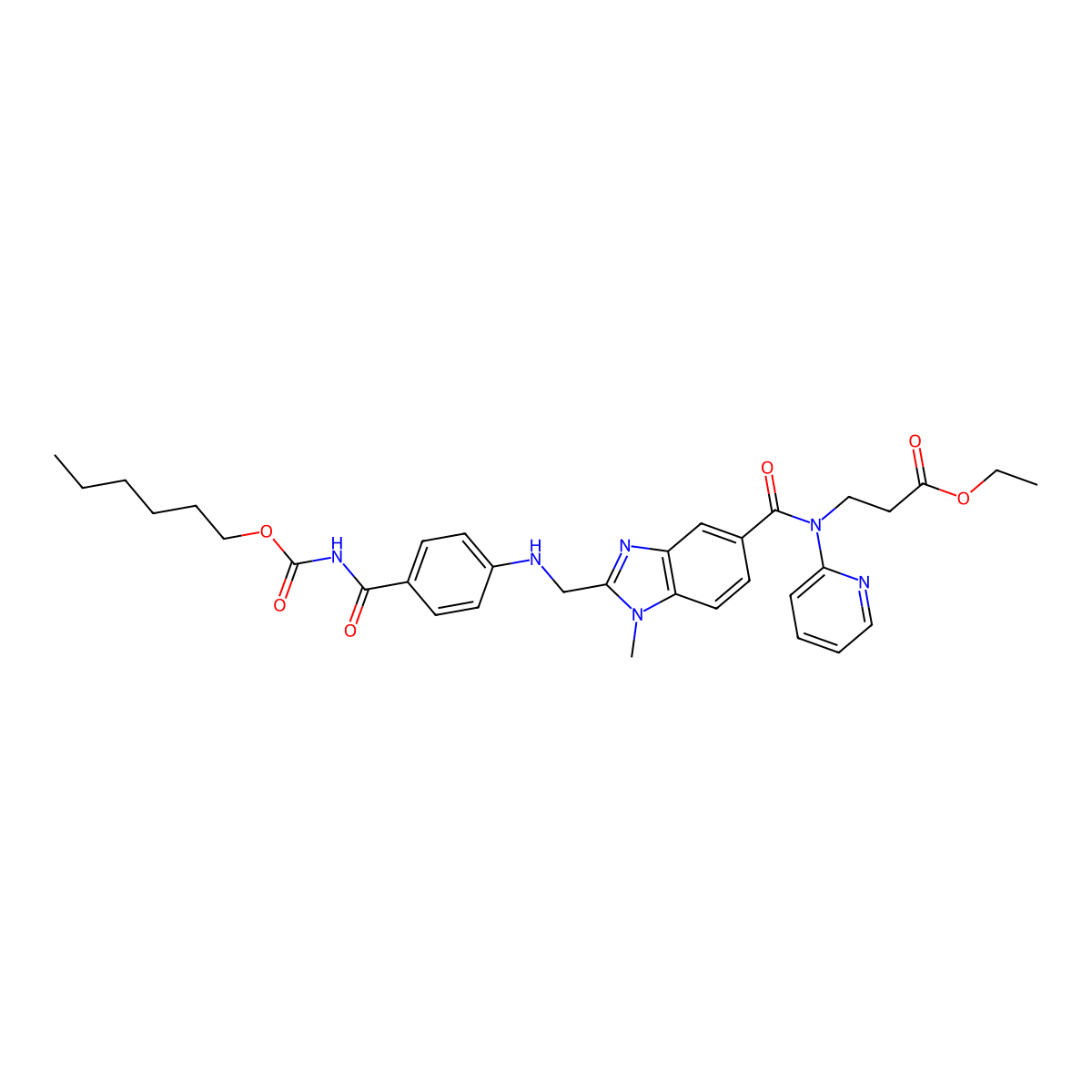 Ethyl 3-(2-(((4-(((hexyloxy)carbonyl)carbamoyl)phenyl)amino)methyl)-1-methyl-N-(pyridin-2-yl)-1H-benzimidazole-5-carboxamido)propanoate molecular structure, CAS 1408238-40-3
