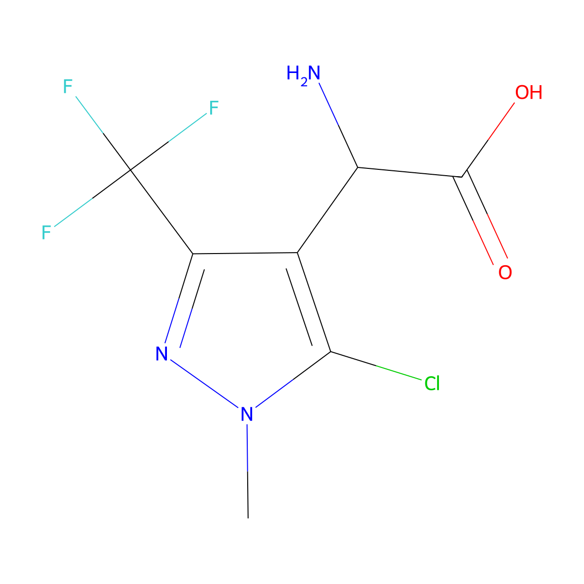 2-Amino-2-(5-chloro-1-methyl-3-(trifluoromethyl)-1H-pyrazol-4-yl)acetic acid molecular structure, CAS 1408279-04-8