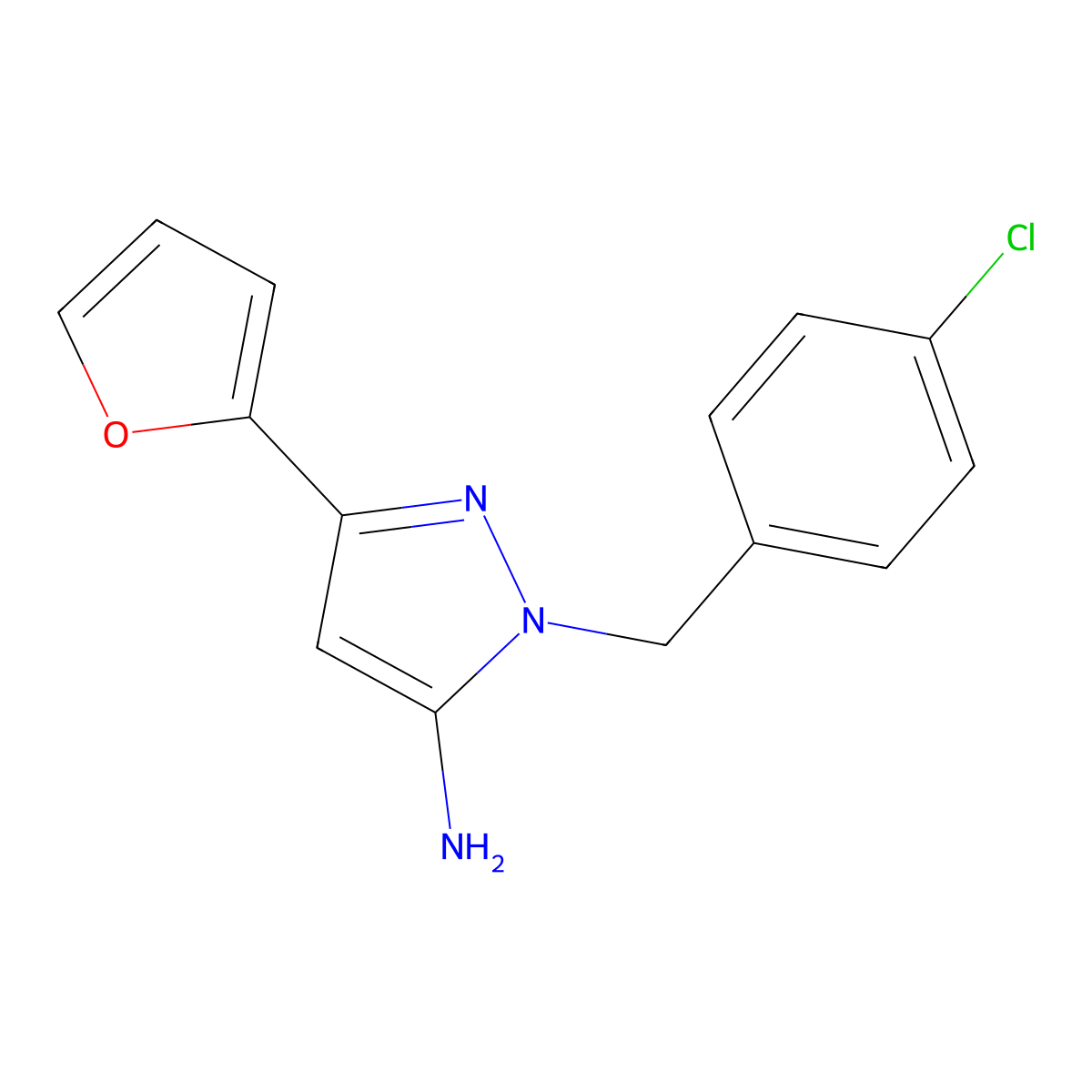 1-[(4-chlorophenyl)methyl]-3-(furan-2-yl)-1H-pyrazol-5-amine molecular structure, CAS 1408705-83-8