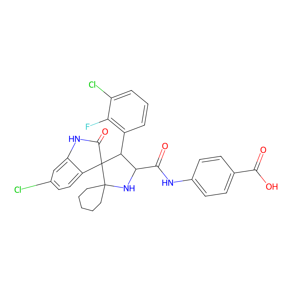 4-((3'R,4'S,5'R)-6''-Chloro-4'-(3-chloro-2-fluorophenyl)-2''-oxodispiro[cyclohexane-1,2'-pyrrolidine-3',3''-indoline]-5'-carboxamido)benzoic acid molecular structure, CAS 1410737-34-6