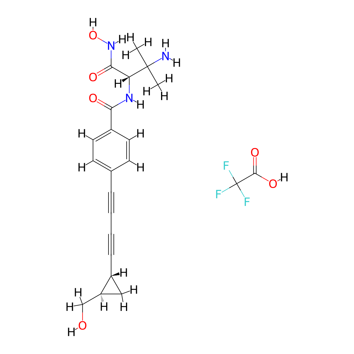 (2S)-3-amino-N-hydroxy-2-[(4-{4-[(1R,2R)-2-(hydroxymethyl)cyclopropyl]buta-1,3-diyn-1-yl}phenyl)formamido]-3-methylbutanamide; trifluoroacetic acid molecular structure, CAS 1410809-37-8