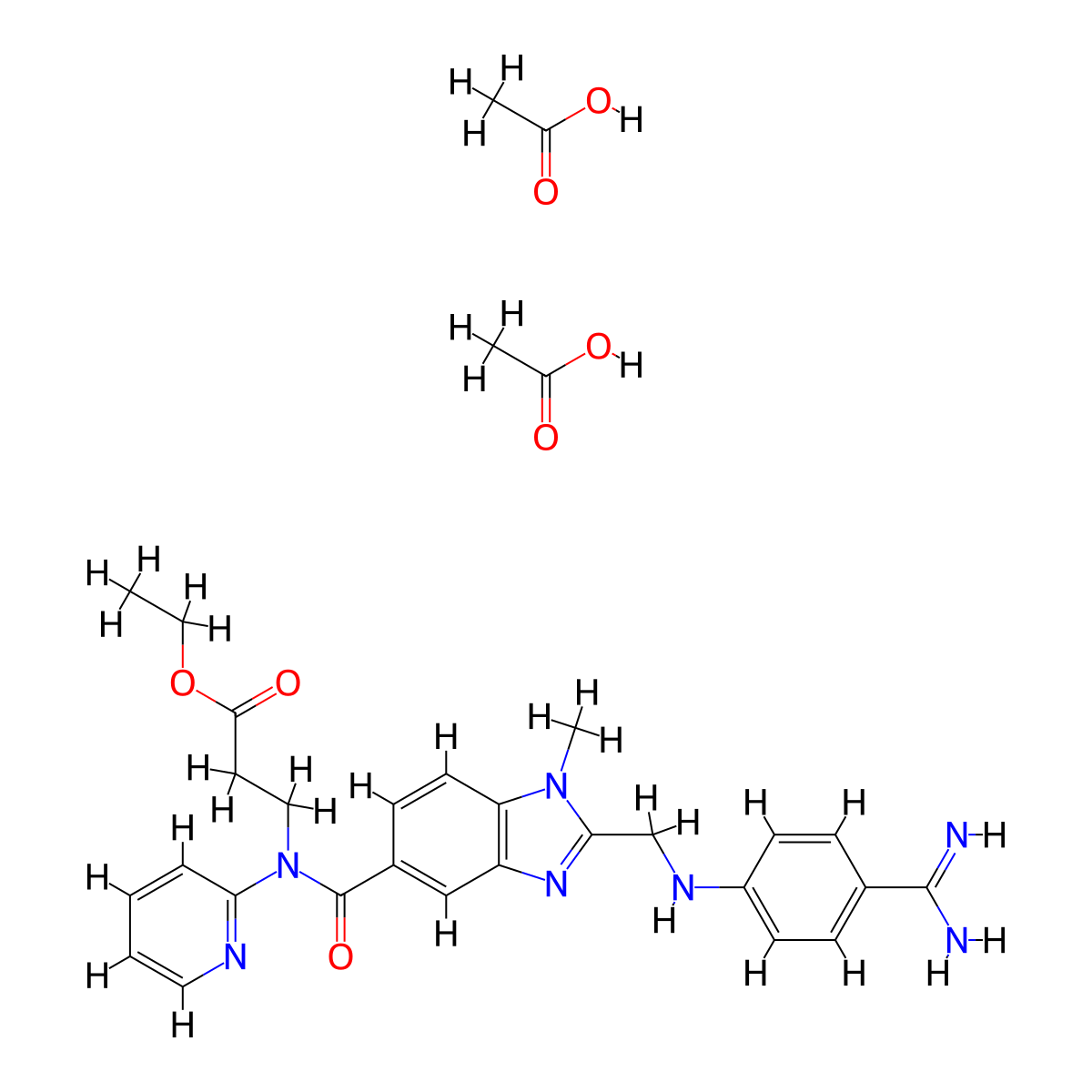 Ethyl 3-(2-(((4-carbamimidoylphenyl)amino)methyl)-1-methyl-N-(pyridin-2-YL)-1H-benzo[D]imidazole-5-carboxamido)propanoate diacetate molecular structure, CAS 1411034-31-5