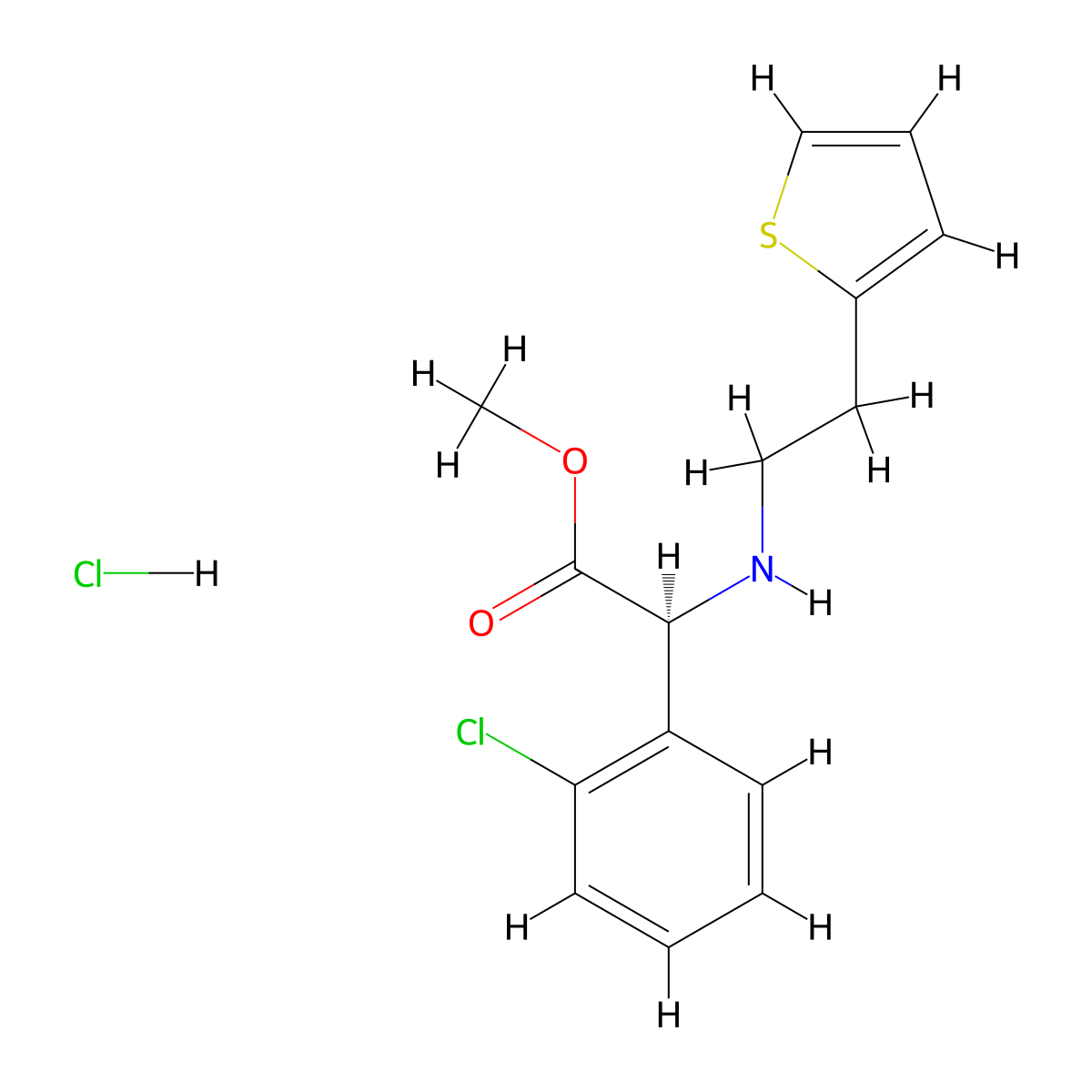 Methyl (2S)-2-(2-chlorophenyl)-2-((2-(thiophen-2-YL)ethyl)amino)acetate hydrochloride molecular structure, CAS 141109-19-5