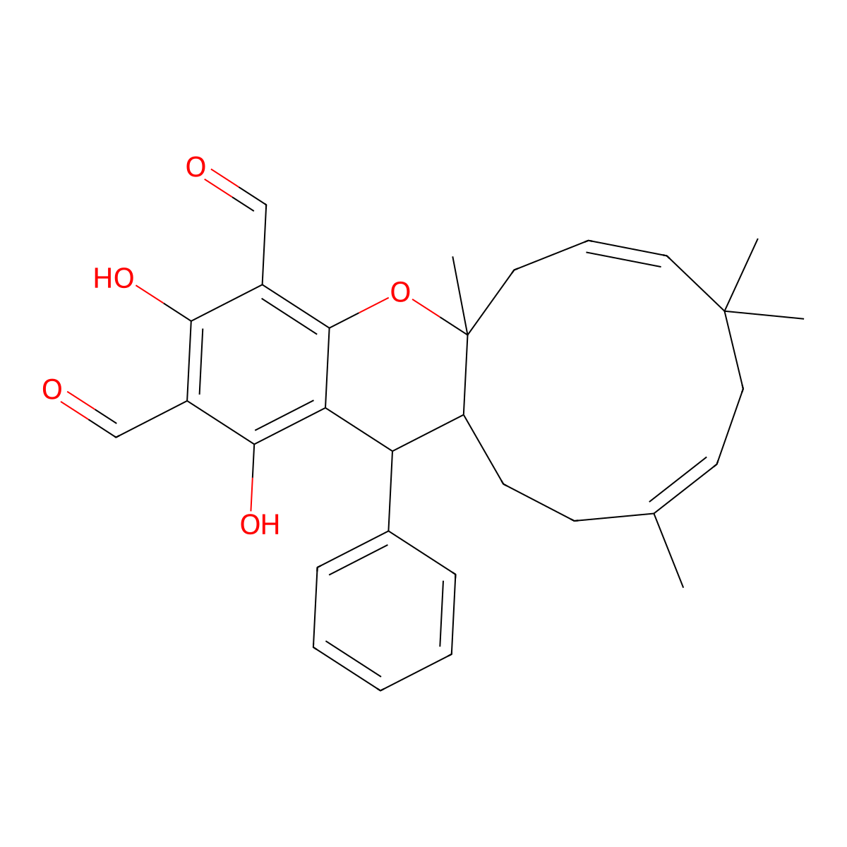 15,17-Dihydroxy-4,7,7,11-tetramethyl-19-phenyl-12-oxatricyclo[9.8.0.013,18]nonadeca-4,8,13,15,17-pentaene-14,16-dicarbaldehyde molecular structure, CAS 1411629-26-9