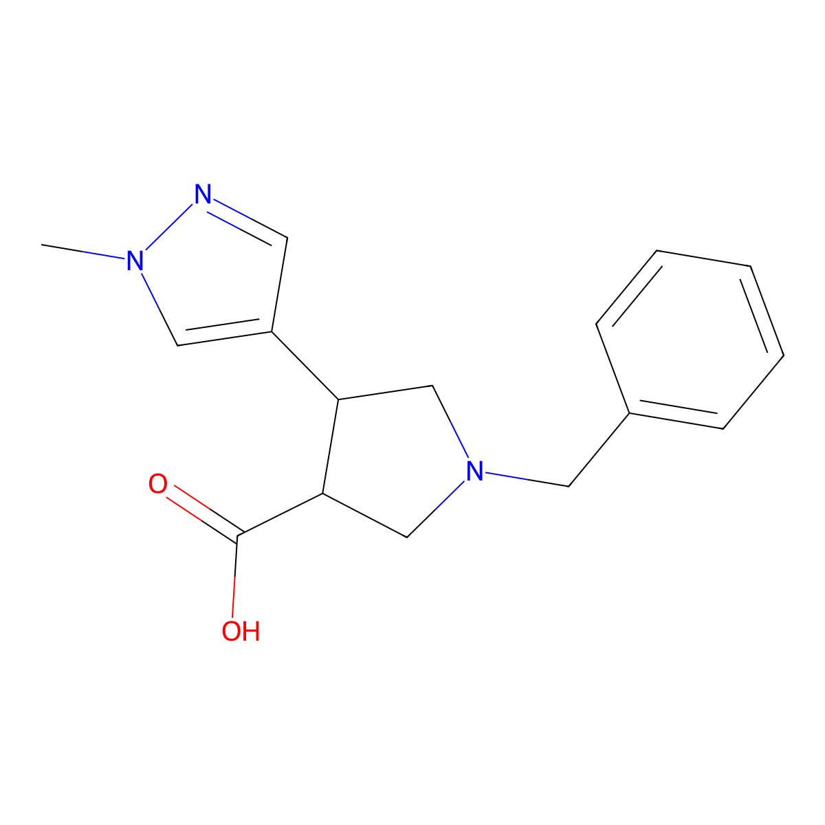 1-benzyl-4-(1-methyl-1H-pyrazol-4-yl)pyrrolidine-3-carboxylic acid molecular structure, CAS 1411681-50-9