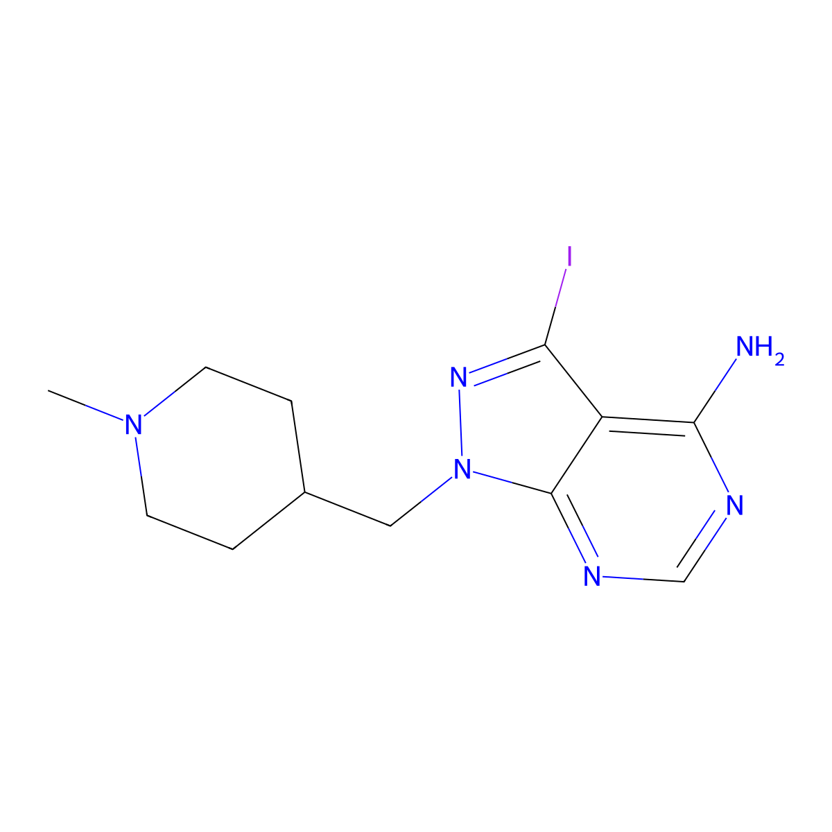 3-Iodo-1-[(1-methyl-4-piperidinyl)methyl]-1H-pyrazolo[3,4-d]pyrimidin-4-amine molecular structure, CAS 1411763-96-6