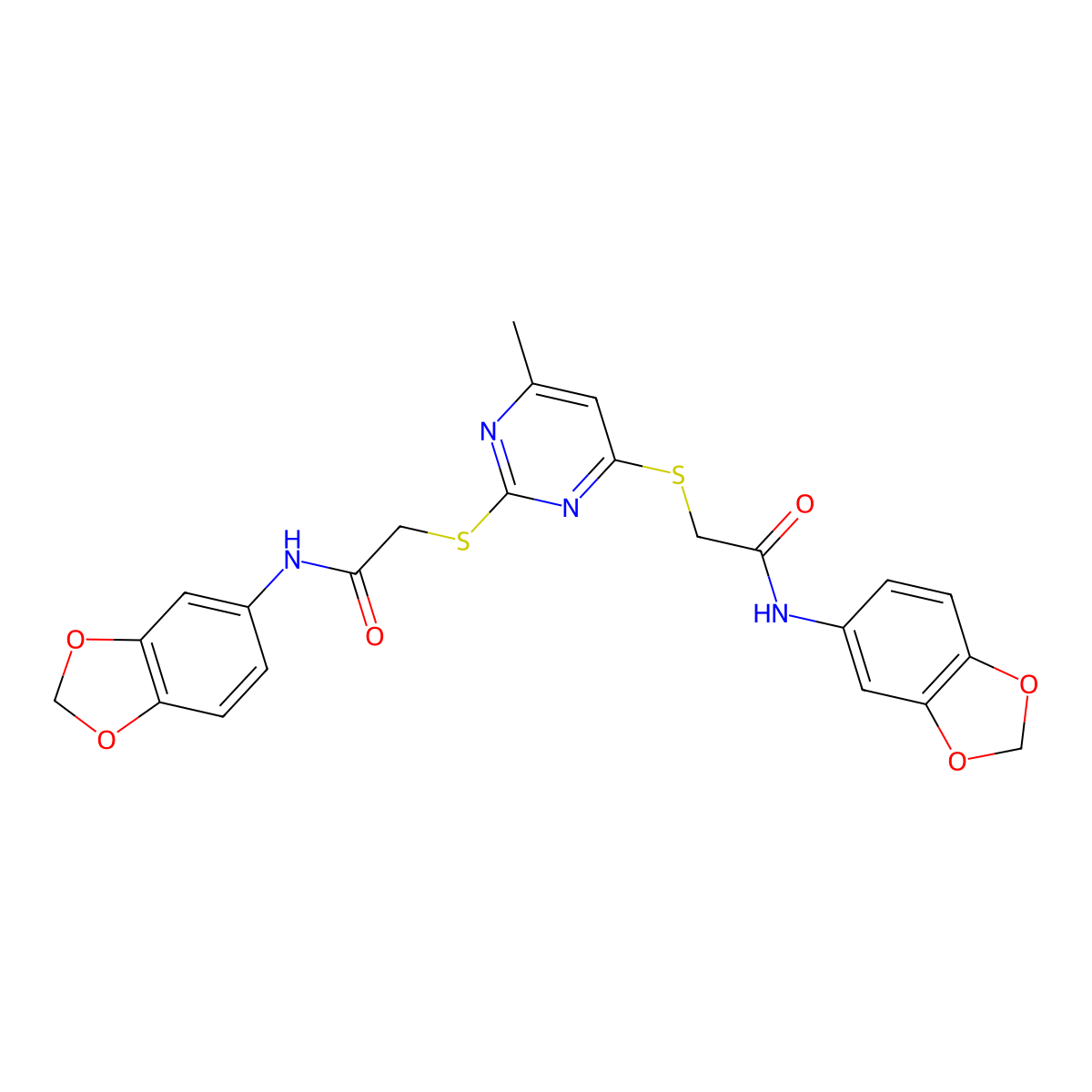 N-(2H-1,3-Benzodioxol-5-YL)-2-{[2-({[(2H-1,3-benzodioxol-5-YL)carbamoyl]methyl}sulfanyl)-6-methylpyrimidin-4-YL]sulfanyl}acetamide molecular structure, CAS 1411990-65-2