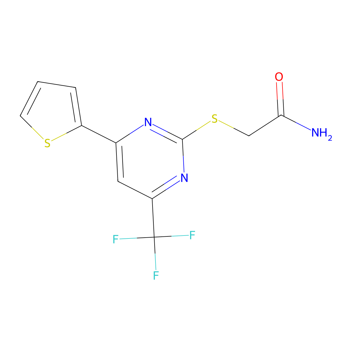 2-((4-(Thiophen-2-yl)-6-(trifluoromethyl)pyrimidin-2-yl)thio)acetamide molecular structure, CAS 1411990-69-6
