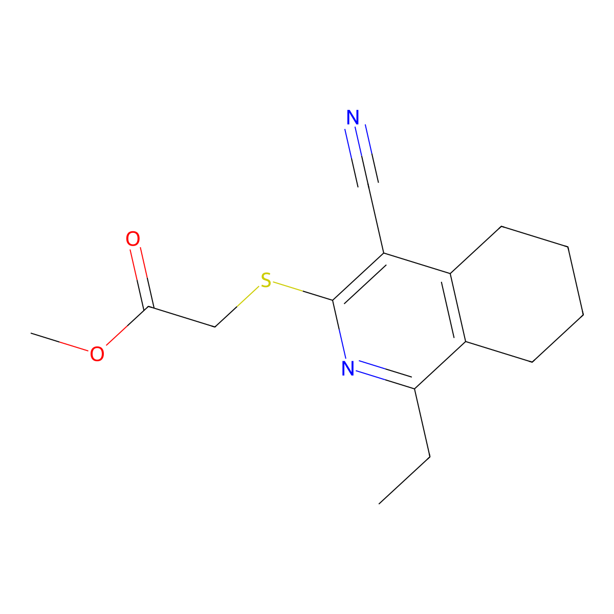 Methyl 2-((4-cyano-1-ethyl-5,6,7,8-tetrahydroisoquinolin-3-yl)thio)acetate molecular structure, CAS 1411990-76-5