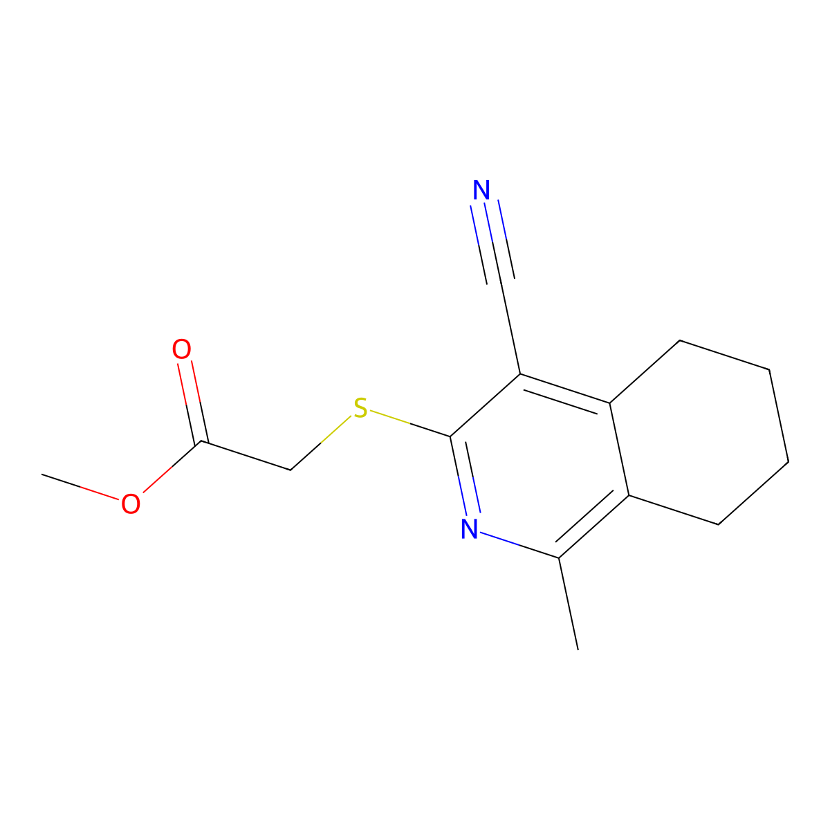 Methyl 2-((4-cyano-1-methyl-5,6,7,8-tetrahydroisoquinolin-3-yl)thio)acetate molecular structure, CAS 1411990-84-5