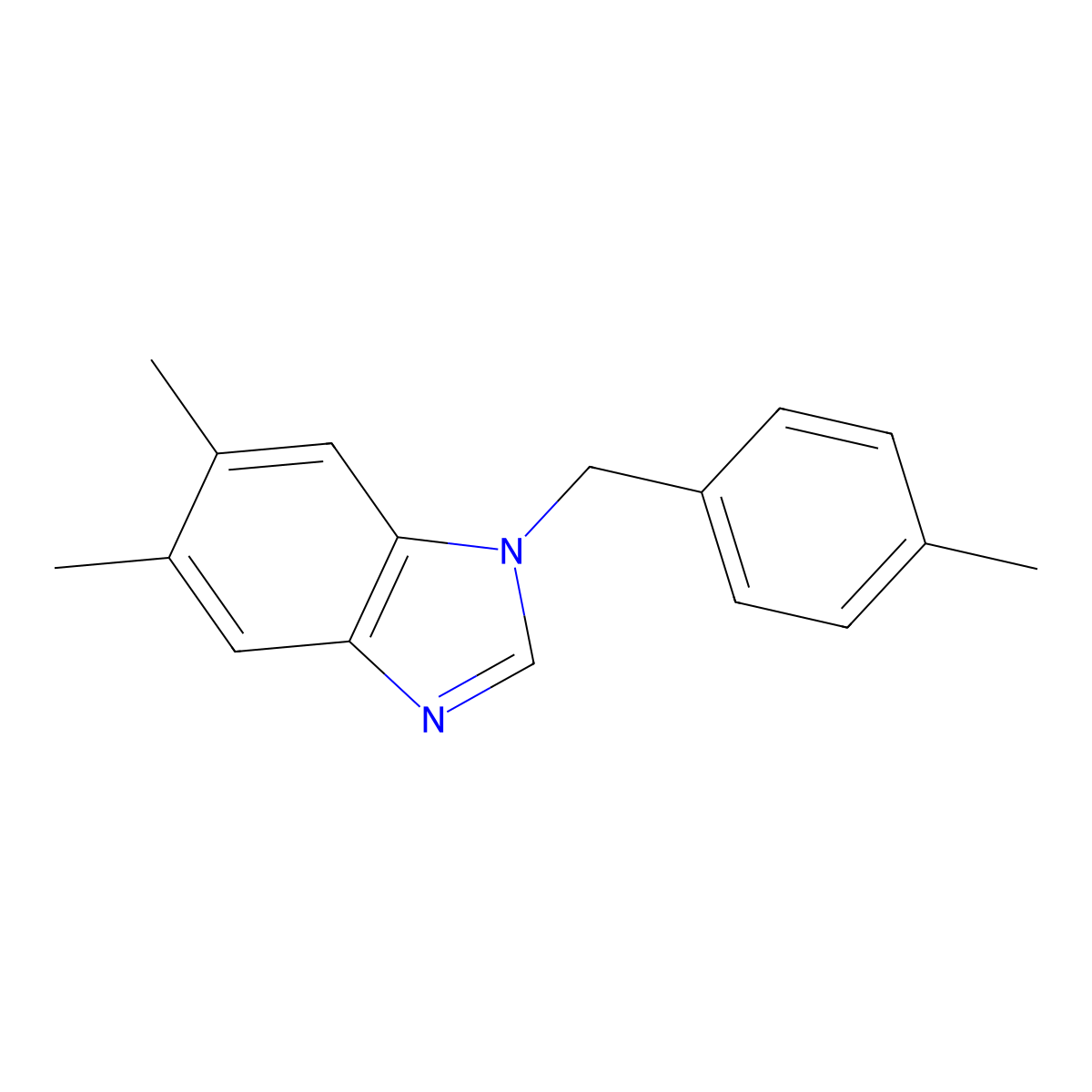 5,6-dimethyl-1-((4-methylphenyl)methyl)-1H-1,3-benzodiazole molecular structure, CAS 141211-39-4