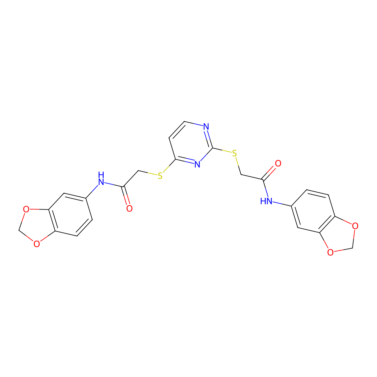 N-(2H-1,3-benzodioxol-5-yl)-2-{[2-({[(2H-1,3-benzodioxol-5-yl)carbamoyl]methyl}sulfanyl)pyrimidin-4-yl]sulfanyl}acetamide molecular structure, CAS 1412196-26-9
