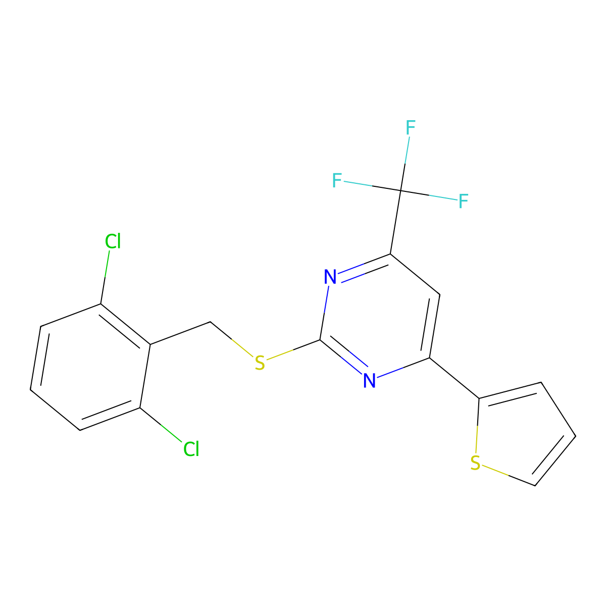 2-{[(2,6-Dichlorophenyl)methyl]sulfanyl}-4-(thiophen-2-YL)-6-(trifluoromethyl)pyrimidine molecular structure, CAS 1412208-38-8