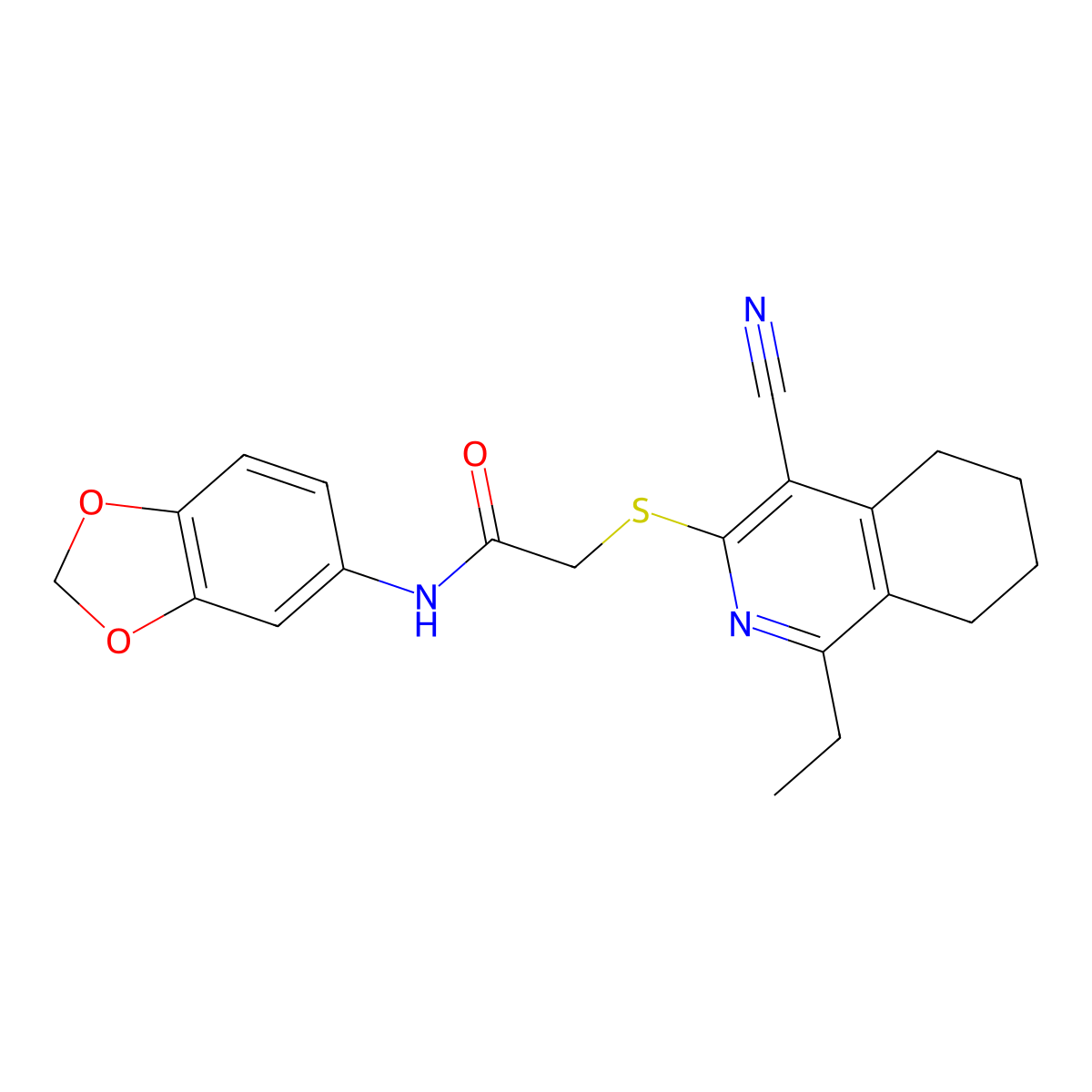 N-(1,3-benzodioxol-5-yl)-2-[(4-cyano-1-ethyl-5,6,7,8-tetrahydroisoquinolin-3-yl)sulfanyl]acetamide molecular structure, CAS 1412210-12-8