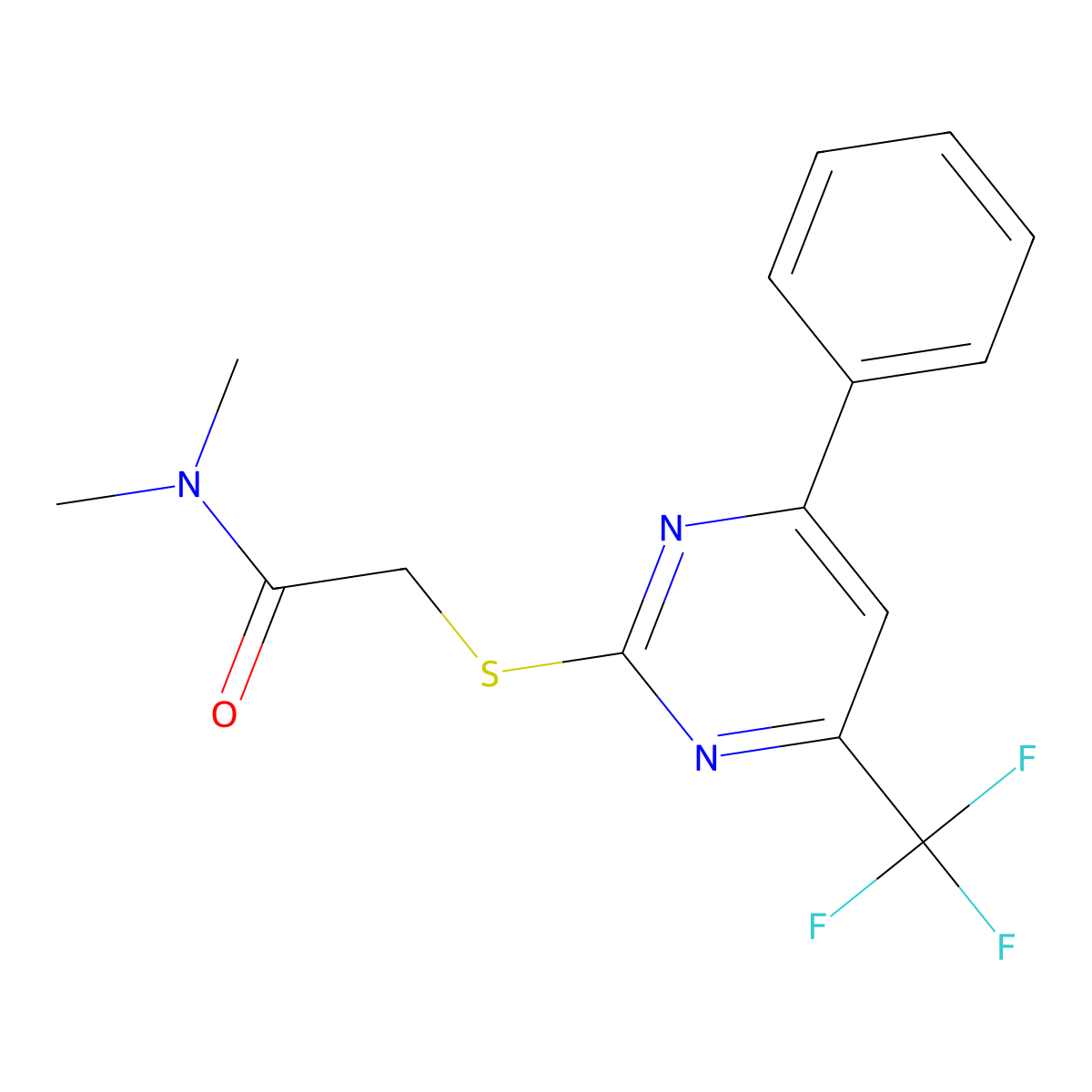 N,N-Dimethyl-2-((4-phenyl-6-(trifluoromethyl)pyrimidin-2-yl)thio)acetamide molecular structure, CAS 1412228-85-3
