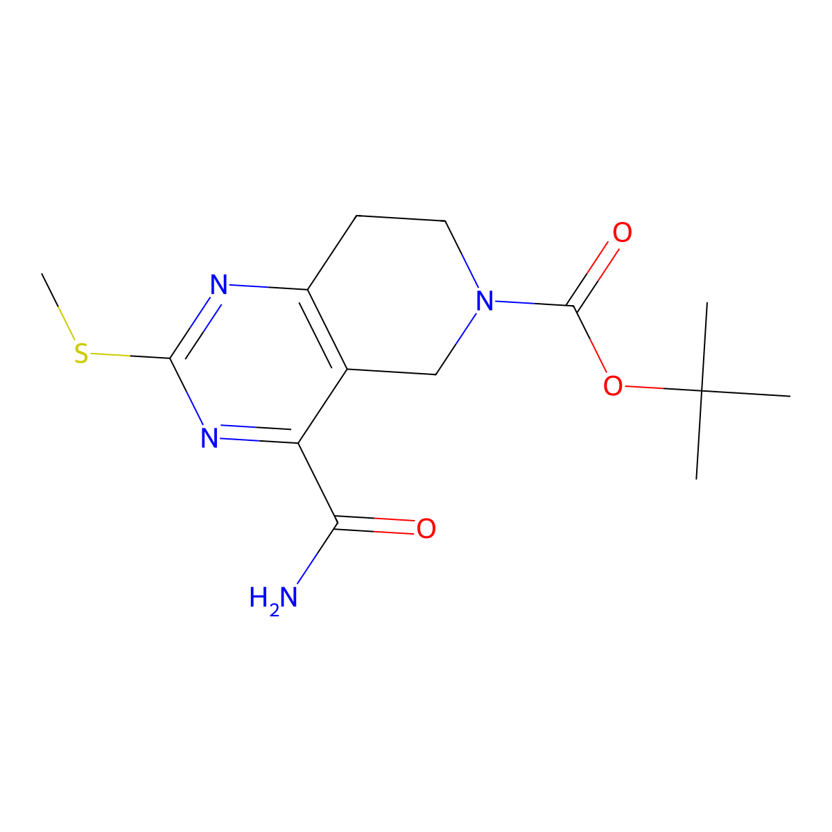 Tert-butyl 4-carbamoyl-2-(methylthio)-7,8-dihydropyrido[4,3-D]pyrimidine-6(5H)-carboxylate molecular structure, CAS 1412452-79-9