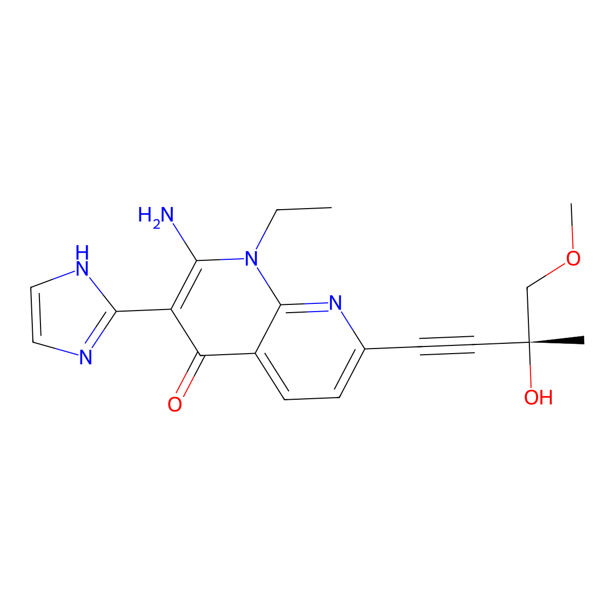 (R)-2-Amino-1-ethyl-7-(3-hydroxy-4-methoxy-3-methylbut-1-yn-1-yl)-3-(1H-imidazol-2-yl)-1,8-naphthyridin-4(1H)-one molecular structure, CAS 1412453-70-3