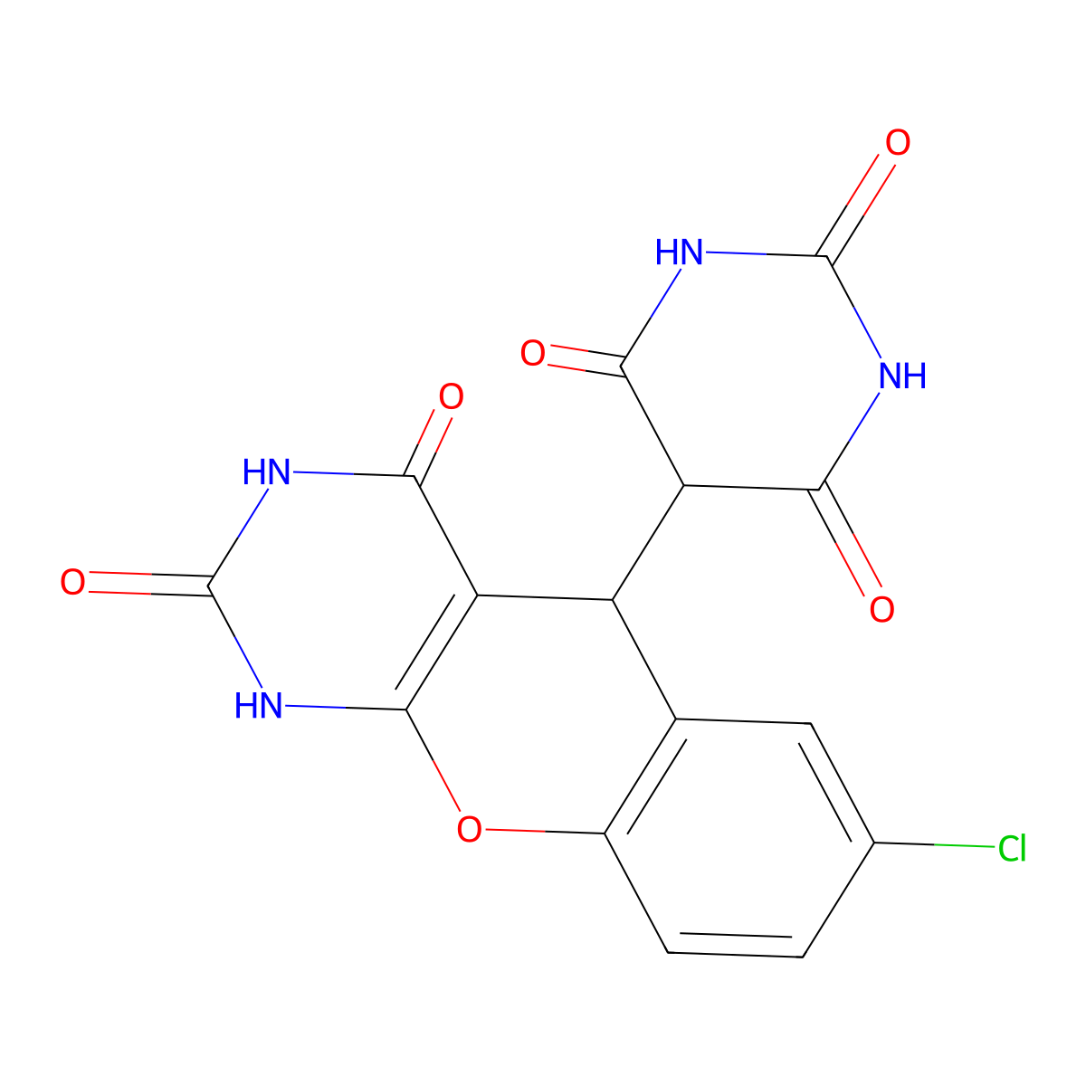5-(6-Chloro-2,4-dioxo-1,3,4,10-tetrahydro-2H-9-oxa-1,3-diaza-anthracen-10-yl)-pyrimidine-2,4,6-trione molecular structure, CAS 141266-44-6