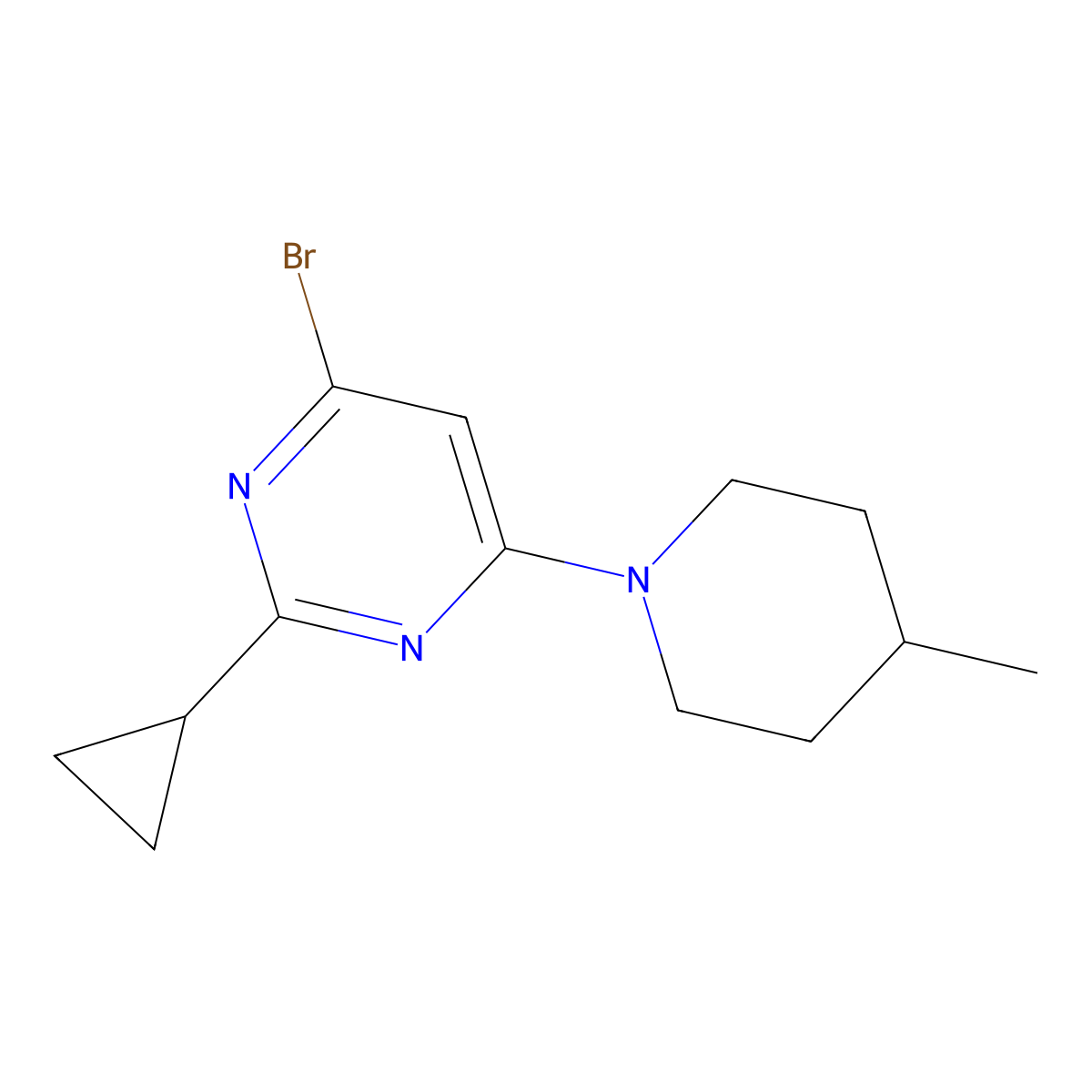 4-Bromo-2-cyclopropyl-6-(4-methylpiperidin-1-yl)pyrimidine molecular structure, CAS 1412954-88-1