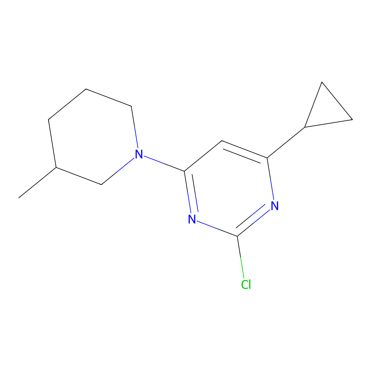 2-Chloro-4-(3-methylpiperidin-1-yl)-6-cyclopropylpyrimidine molecular structure, CAS 1412955-35-1