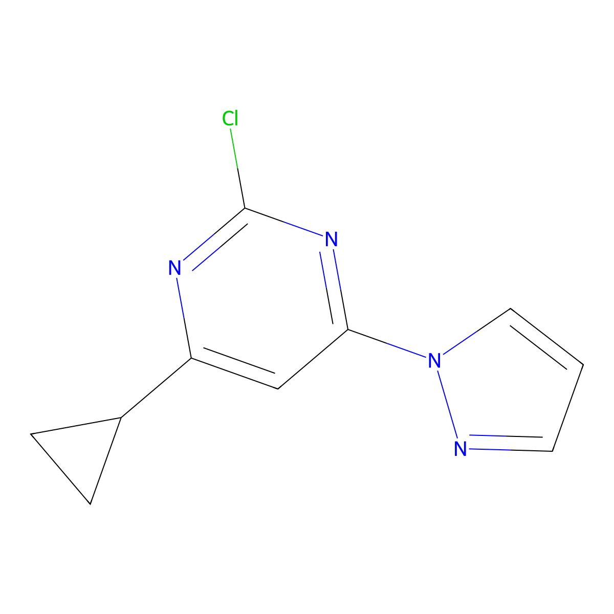 2-chloro-4-(1H-pyrozol-1-yl)-6-cyclopropylpyrimidine molecular structure, CAS 1412955-52-2