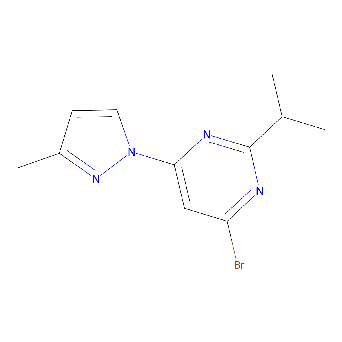 4-Bromo-2-(iso-propyl)-6-(1H-3-methylpyrozol-1-yl)pyrimidine molecular structure, CAS 1412956-97-8