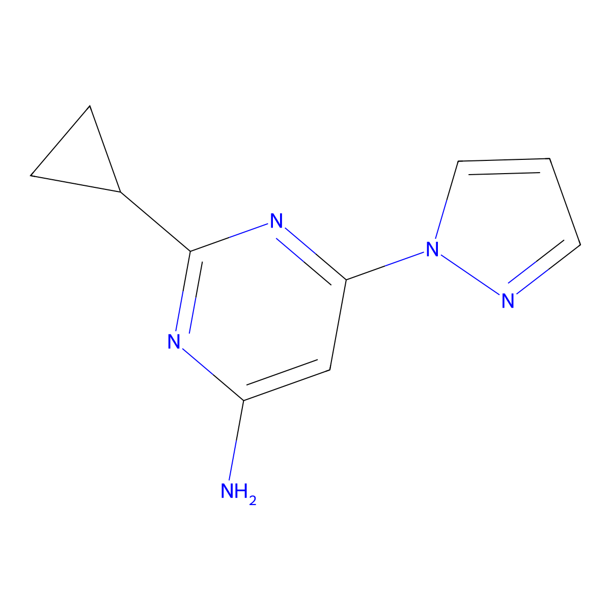4-Amino-2-cyclopropyl-6-(1H-pyrazol-1-yl)pyrimidine molecular structure, CAS 1412957-58-4