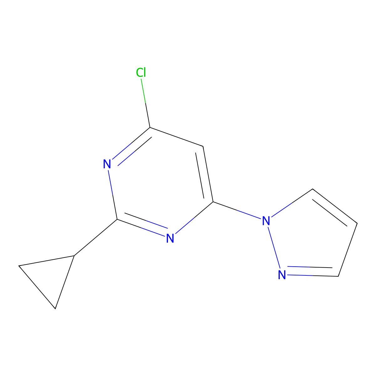 4-Chloro-2-cyclopropyl-6-(1H-pyrazol-1-yl)pyrimidine molecular structure, CAS 1412959-54-6