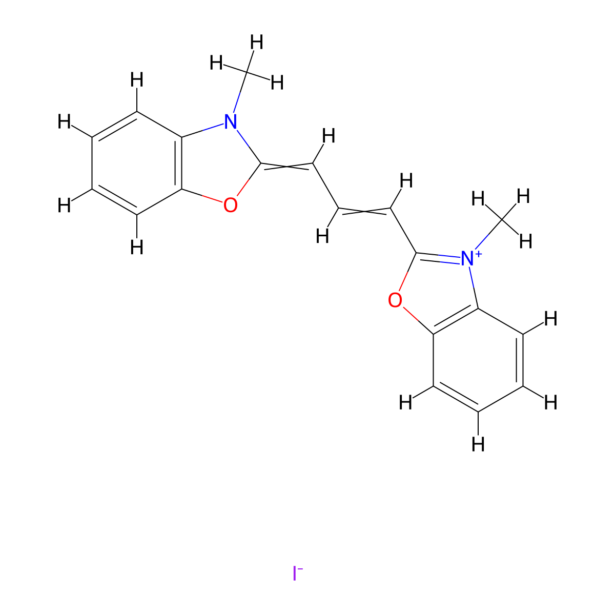 Benzoxazolium, 3-methyl-2-(3-(3-methyl-2(3H)-benzoxazolylidene)-1-propen-1-yl)-, iodide (1:1) molecular structure, CAS 14134-79-3