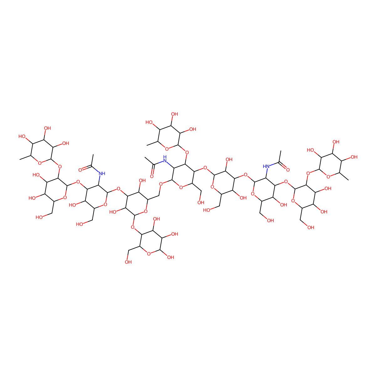 6-deoxy-Hex(?1-2)Hex(?1-3)HexNAc(?1-3)Hex(?1-4)[6-deoxy-Hex(?1-3)]HexNAc(?1-6)[6-deoxy-Hex(?1-2)Hex(?1-3)HexNAc(?1-3)]Hex(?1-4)Hex molecular structure, CAS 141342-93-0