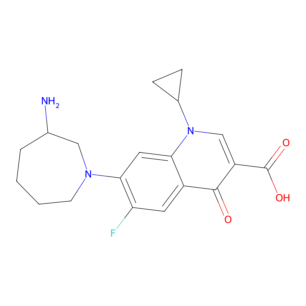 3-Quinolinecarboxylic acid, 7-(3-aminohexahydro-1H-azepin-1-yl)-1-cyclopropyl-6-fluoro-1,4-dihydro-4-oxo-, (R)- molecular structure, CAS 141388-69-4