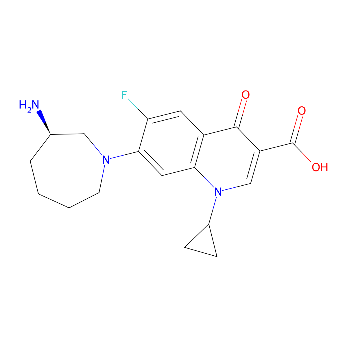 3-Quinolinecarboxylic acid, 7-(3-aminohexahydro-1H-azepin-1-yl)-1-cyclopropyl-6-fluoro-1,4-dihydro-4-oxo-, (R)- molecular structure, CAS 141388-69-4