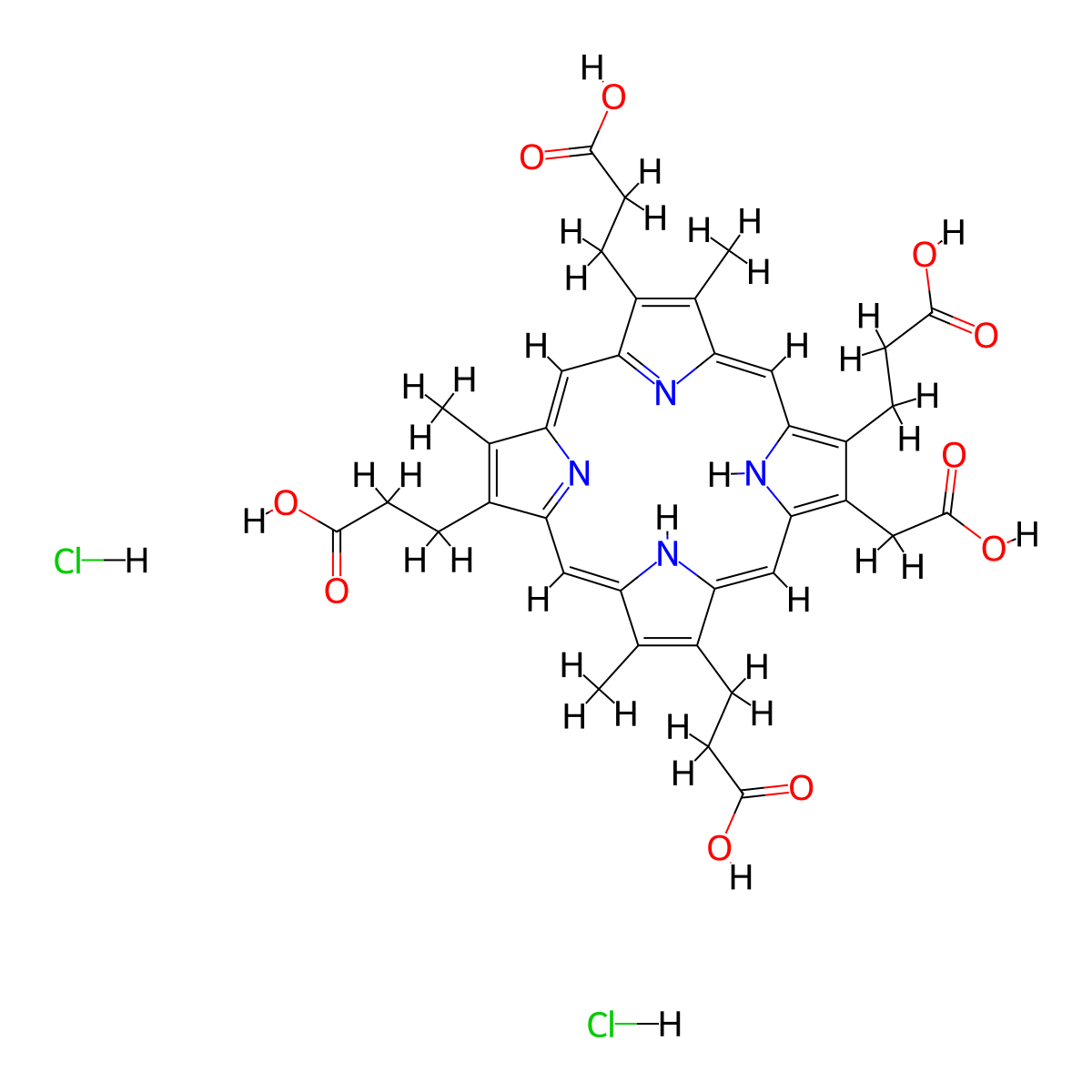 3-[7,12,17-Tris(2-carboxyethyl)-18-(carboxymethyl)-3,8,13-trimethyl-21,24-dihydroporphyrin-2-yl]propanoic acid;dihydrochloride molecular structure, CAS 141407-11-6
