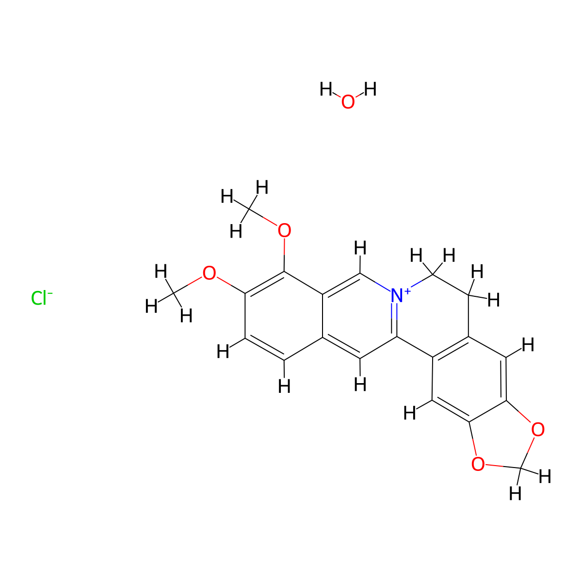 Benzo(g)-1,3-benzodioxolo(5,6-a)quinolizinium, 5,6-dihydro-9,10-dimethoxy-, chloride, monohydrate molecular structure, CAS 141433-60-5