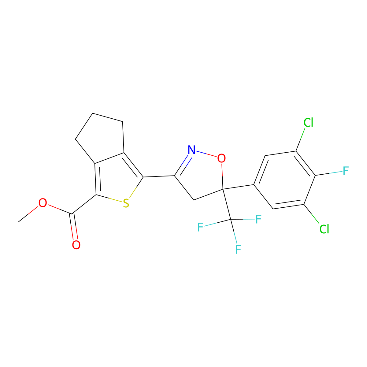Methyl 3-(5-(3,5-dichloro-4-fluorophenyl)-5-(trifluoromethyl)-4,5-dihydroisoxazol-3-yl)-5,6-dihydro-4H-cyclopenta[c]thiophene-1-carboxylate molecular structure, CAS 1414378-14-5