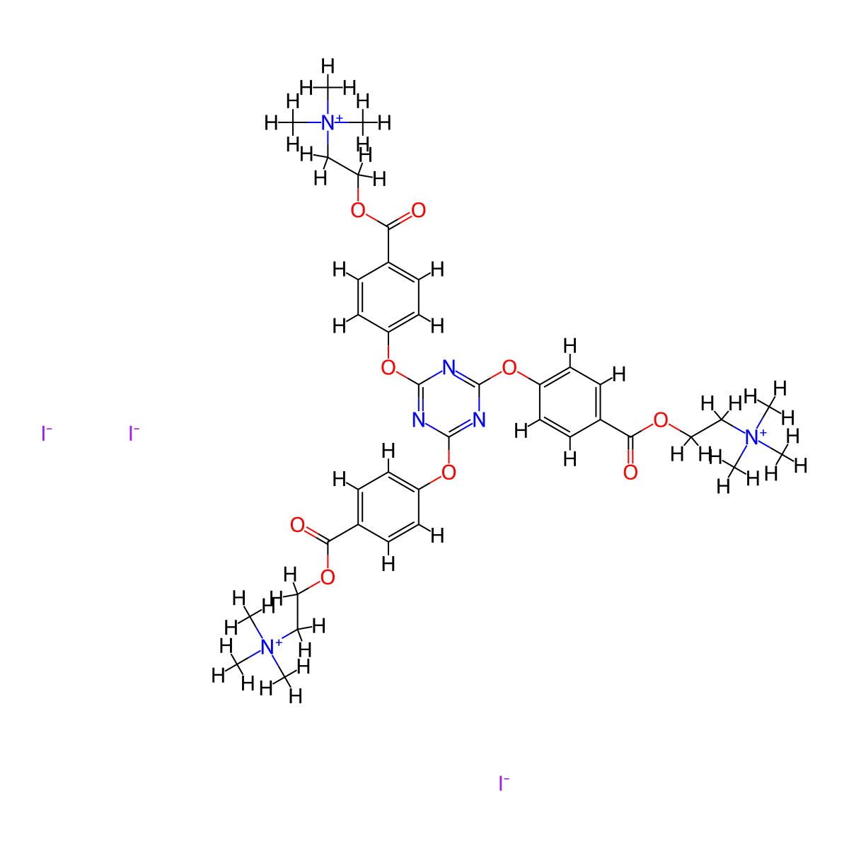 2-[4-[[4,6-Bis[4-[2-(trimethylazaniumyl)ethoxycarbonyl]phenoxy]-1,3,5-triazin-2-yl]oxy]benzoyl]oxyethyl-trimethylazanium;triiodide molecular structure, CAS 1414469-59-2