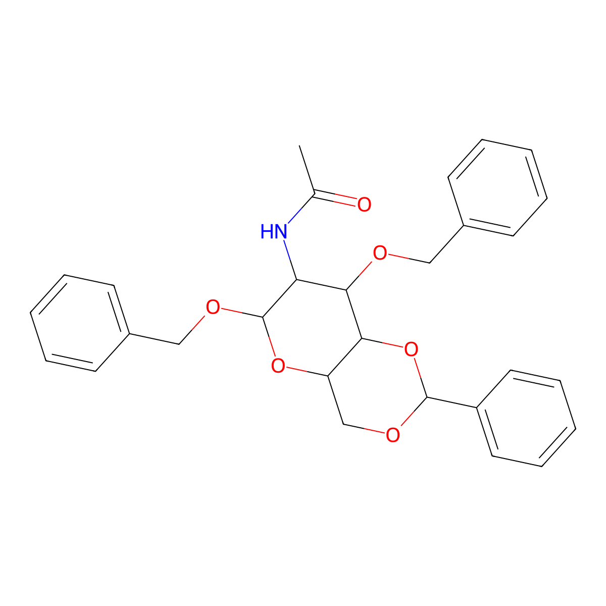 a-D-Glucopyranoside, phenylmethyl2-(acetylamino)-2-deoxy-3-O-(phenylmethyl)-4,6-O-(phenylmethylene)- molecular structure, CAS 14146-26-0