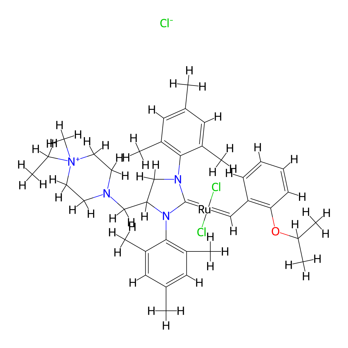(1,3-Bis(2,4,6-trimethylphenyl)-4-((4-ethyl-4-methylpiperazin-1-ium-1-yl)methyl)imidazolidin-2-ylidene)-(2-i-propoxybenzylidene)dichlororuthenium(II) chloride molecular structure, CAS 1414707-08-6