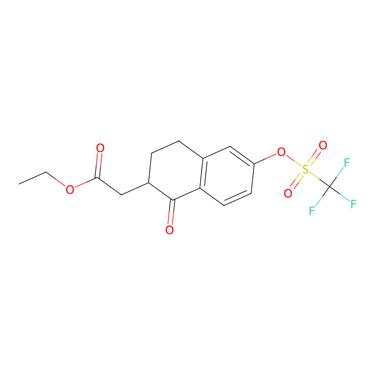 Ethyl 2-(1-oxo-6-(((trifluoromethyl)sulfonyl)oxy)-1,2,3,4-tetrahydronaphthalen-2-yl)acetate molecular structure, CAS 1414797-66-2