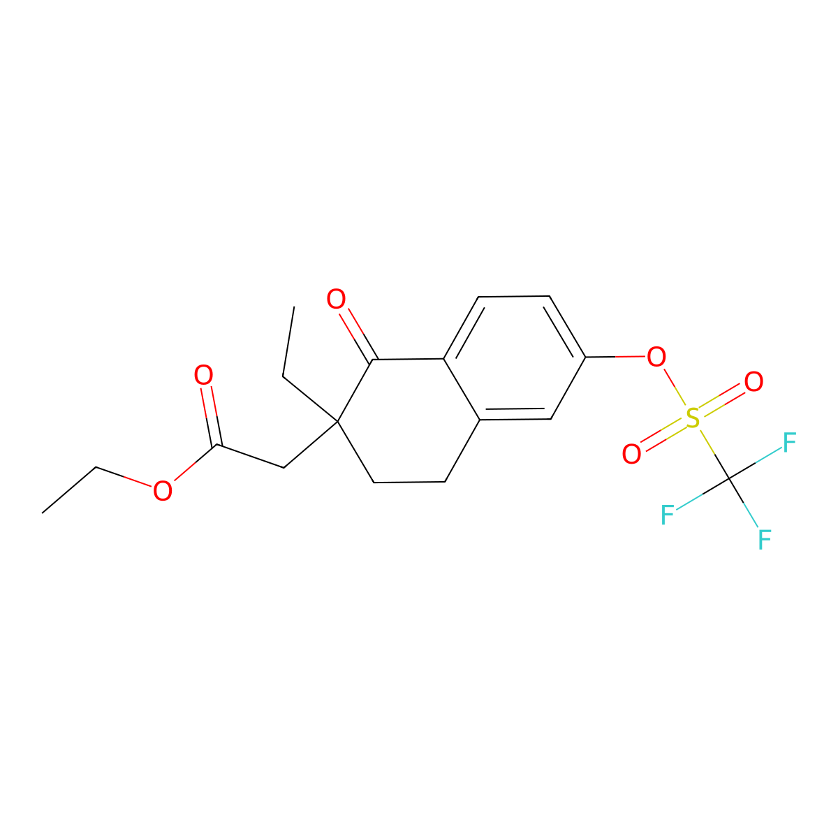 Ethyl 2-(2-ethyl-1-oxo-6-(((trifluoromethyl)sulfonyl)oxy)-1,2,3,4-tetrahydronaphthalen-2-yl)acetate molecular structure, CAS 1414797-96-8