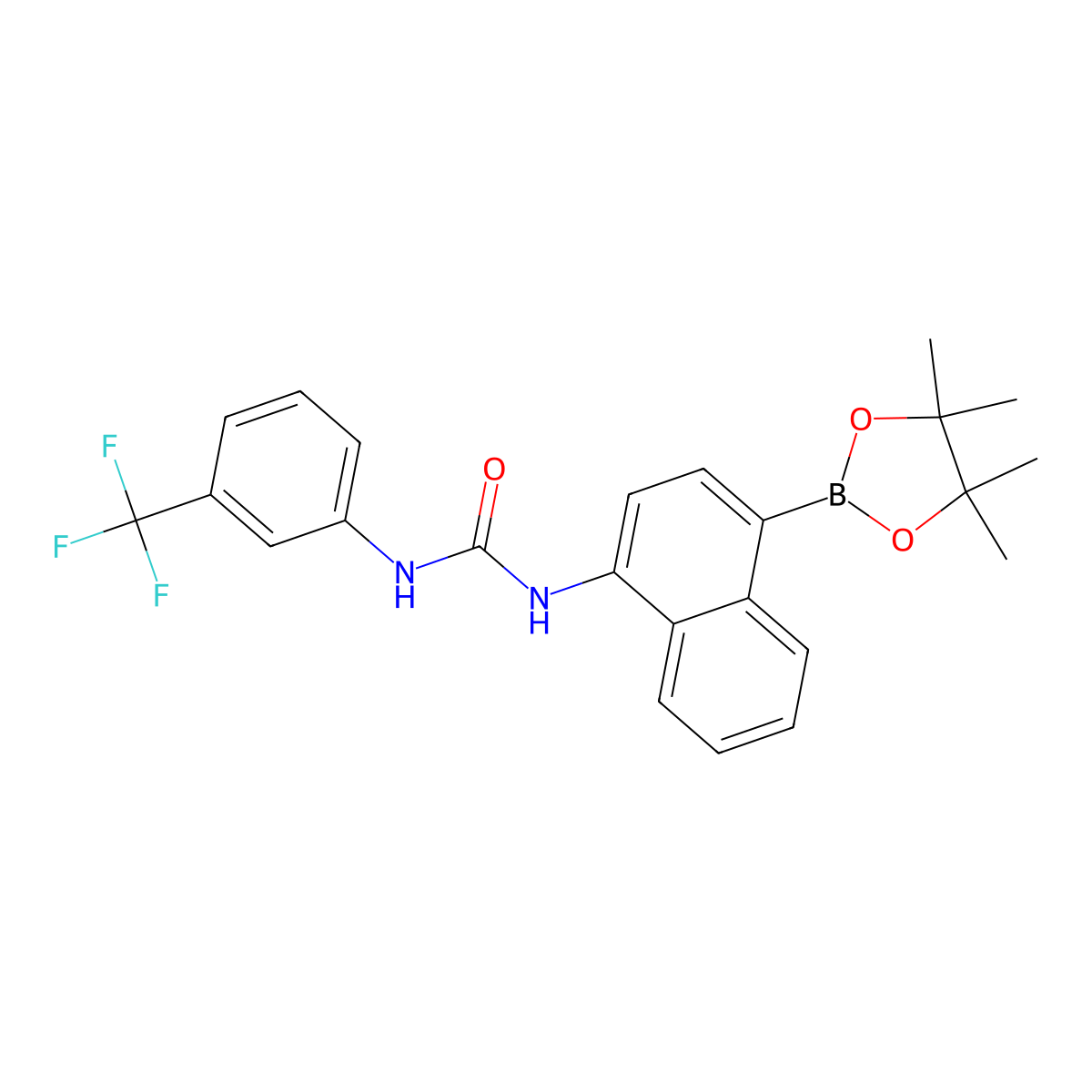 1-(4-(4,4,5,5-Tetramethyl-1,3,2-dioxaborolan-2-yl)naphthalen-1-yl)-3-(3-(trifluoromethyl)phenyl)urea molecular structure, CAS 1414938-25-2