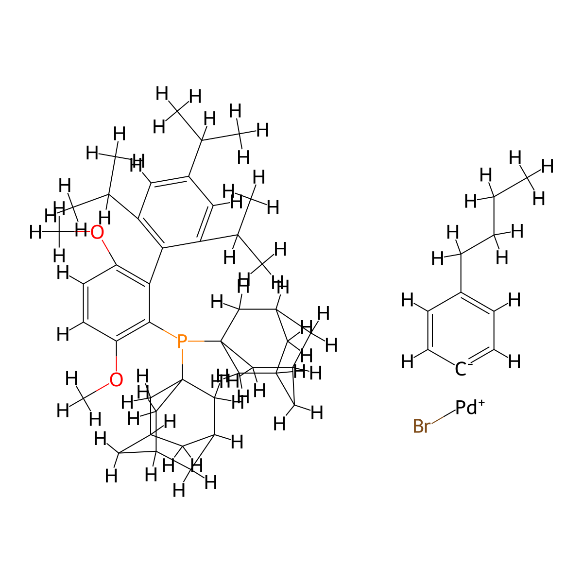Bromo(4-butylphenyl)[2-(di-1-adamantylphosphino)-3,6-dimethoxy-2',4',6'-tri-i-propyl-1,1'-biphenyl]palladium(II) molecular structure, CAS 1415050-56-4