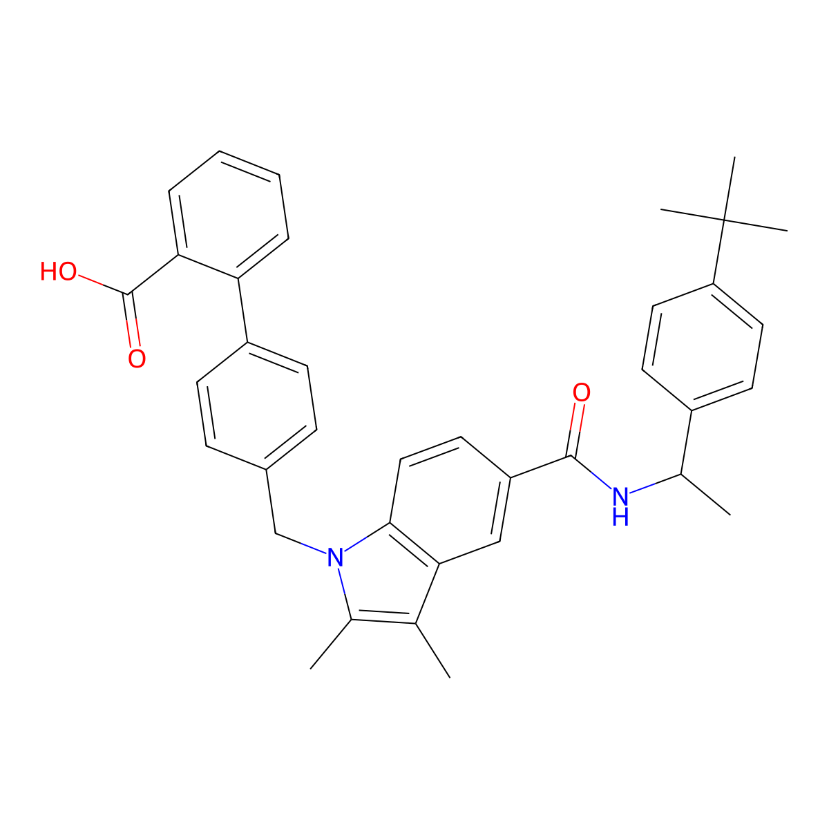 2-[4-[[5-[[(1S)-1-(4-tert-butylphenyl)ethyl]carbamoyl]-2,3-dimethylindol-1-yl]methyl]phenyl]benzoic acid molecular structure, CAS 1415252-61-7