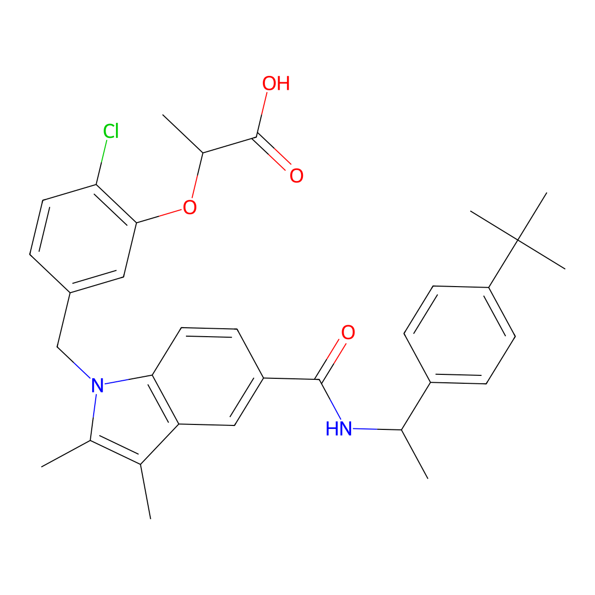 (S)-2-(5-((5-(((S)-1-(4-(tert-butyl)phenyl)ethyl)carbamoyl)-2,3-dimethyl-1H-indol-1-yl)methyl)-2-chlorophenoxy)propanoic acid molecular structure, CAS 1415321-64-0