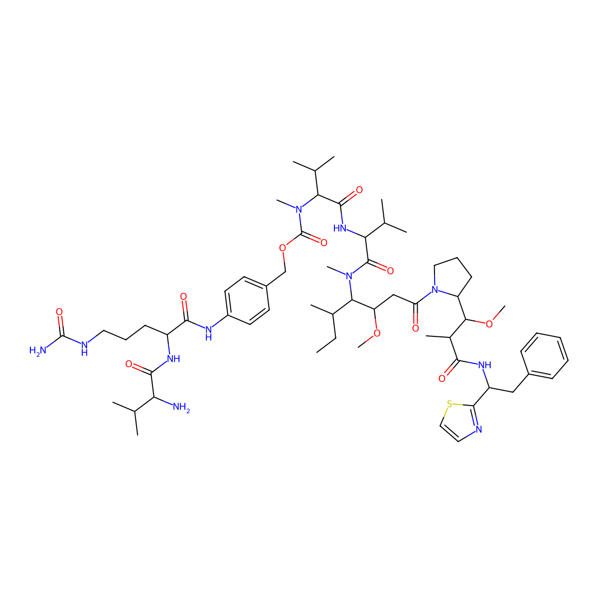 [4-[[(2S)-2-[[(2S)-2-amino-3-methylbutanoyl]amino]-5-(carbamoylamino)pentanoyl]amino]phenyl]methyl N-[(2S)-1-[[(2S)-1-[[(3R,4S,5S)-3-methoxy-1-[(2R)-2-[(1R,2R)-1-methoxy-2-methyl-3-oxo-3-[[(1S)-2-phenyl-1-(1,3-thiazol-2-yl)ethyl]amino]propyl]pyrrolidin-1-yl]-5-methyl-1-oxoheptan-4-yl]-methylamino]-3-methyl-1-oxobutan-2-yl]amino]-3-methyl-1-oxobutan-2-yl]-N-methylcarbamate molecular structure, CAS 1415329-13-3