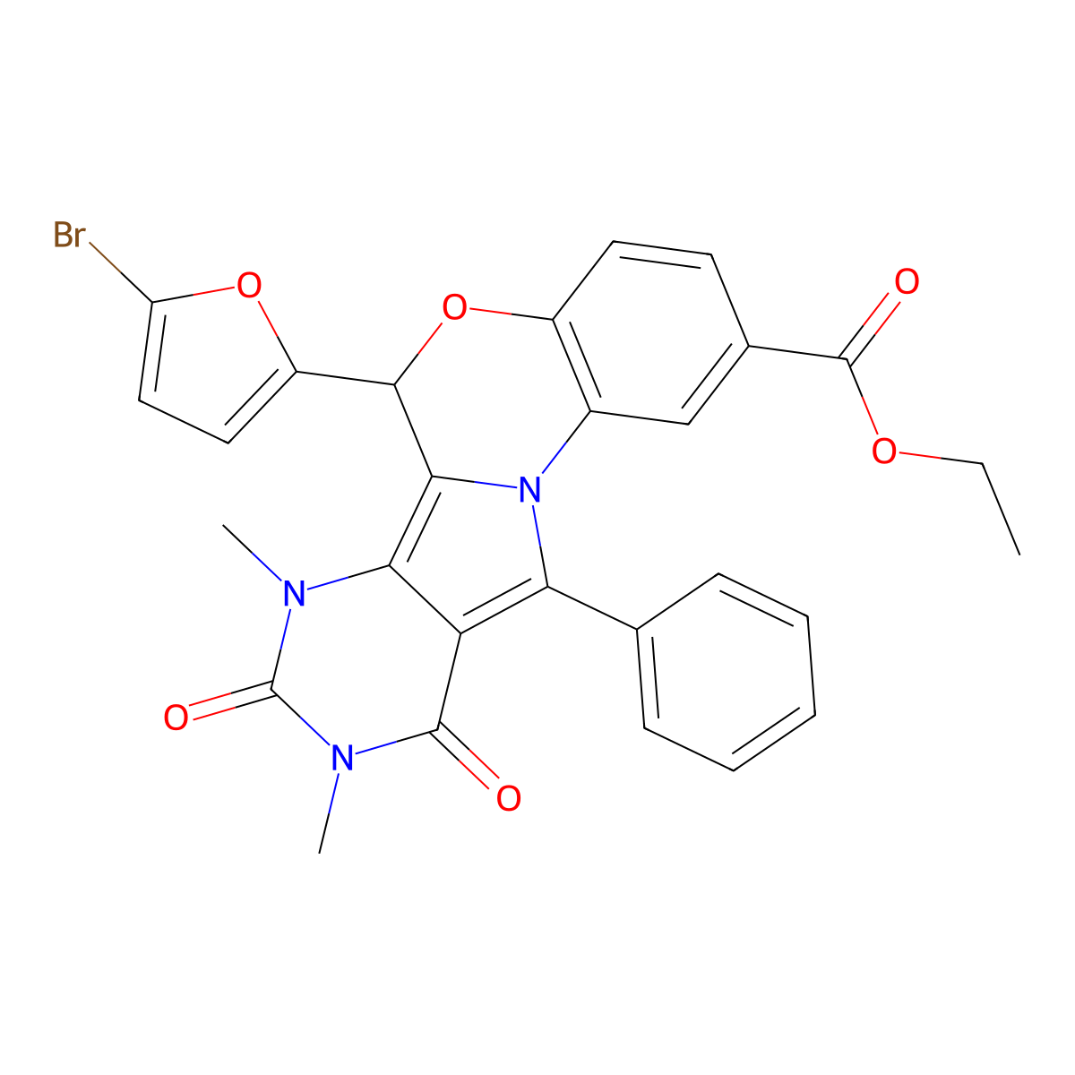 (S)-Ethyl 6-(5-bromofuran-2-yl)-7,9-dimethyl-8,10-dioxo-11-phenyl-7,8,9,10-tetrahydro-6H-benzo[b]pyrimido[4',5':3,4]pyrrolo[1,2-d][1,4]oxazine-2-carboxylate molecular structure, CAS 1415390-49-6