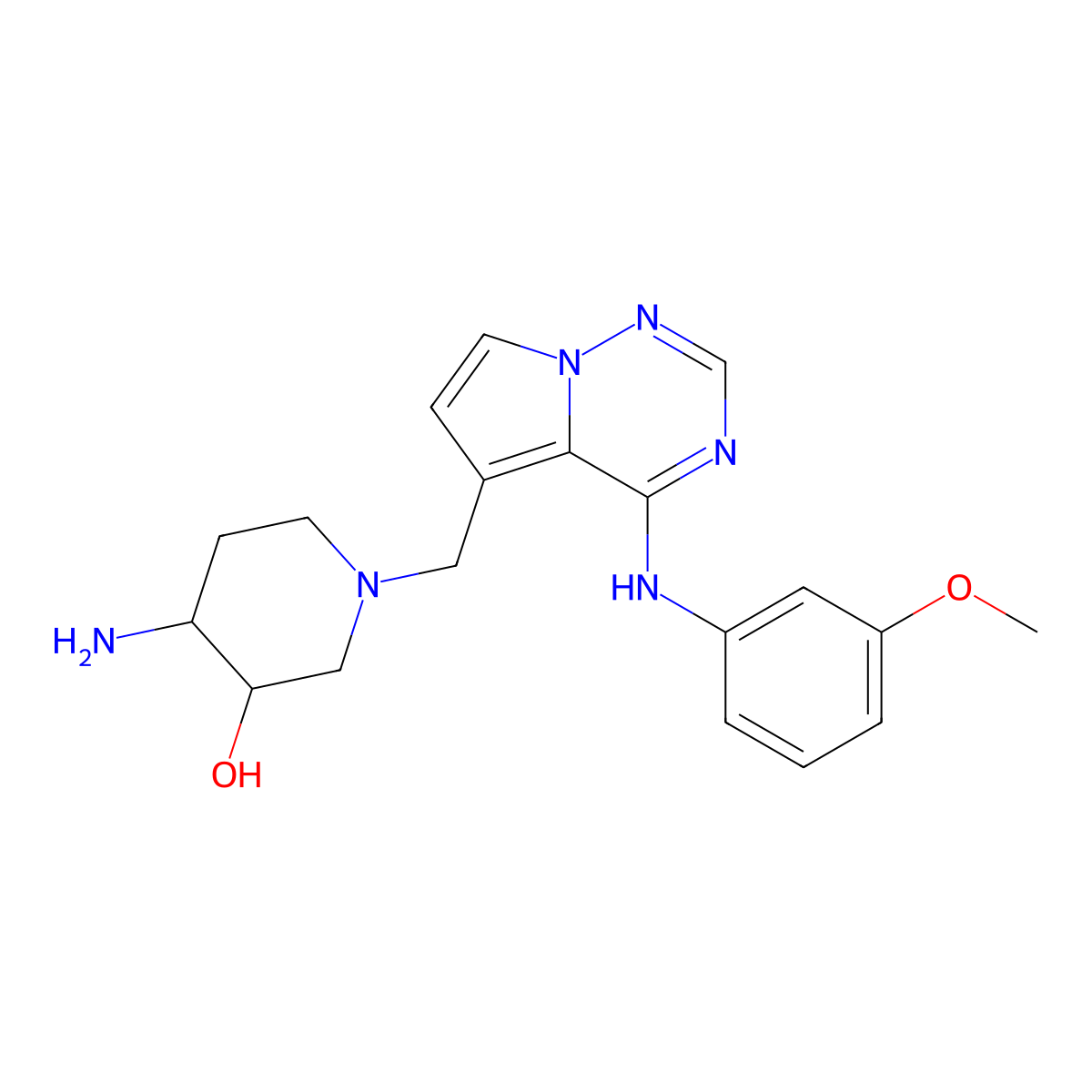 4-Amino-1-((4-(3-methoxyphenylamino)pyrrolo[1,2-f][1,2,4]triazin-5-yl)methyl)piperidin-3-ol molecular structure, CAS 1415559-37-3