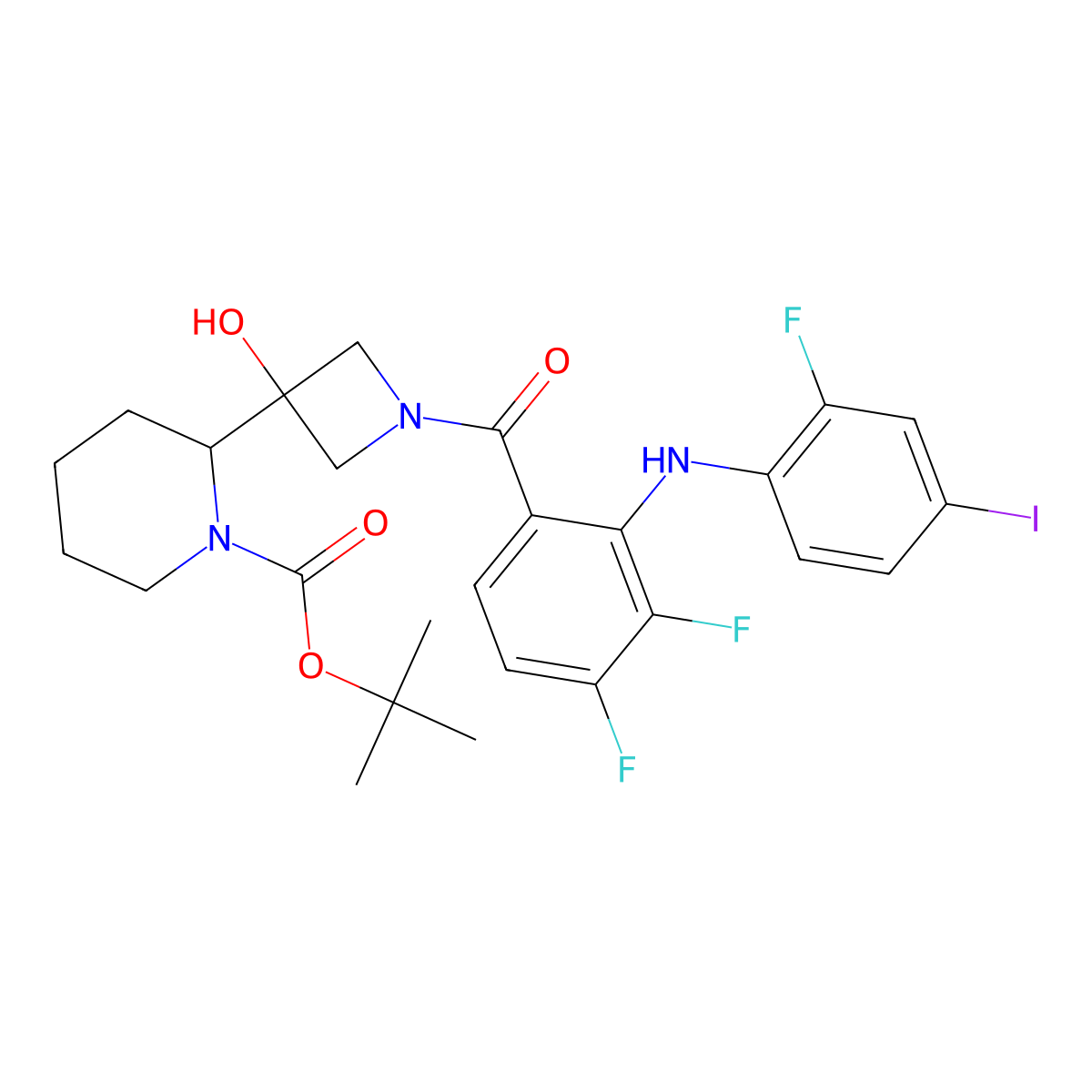 Tert-butyl 2-(1-(3,4-difluoro-2-((2-fluoro-4-iodophenyl)amino)benzoyl)-3-hydroxyazetidin-3-yl)piperidine-1-carboxylate molecular structure, CAS 1415559-49-7
