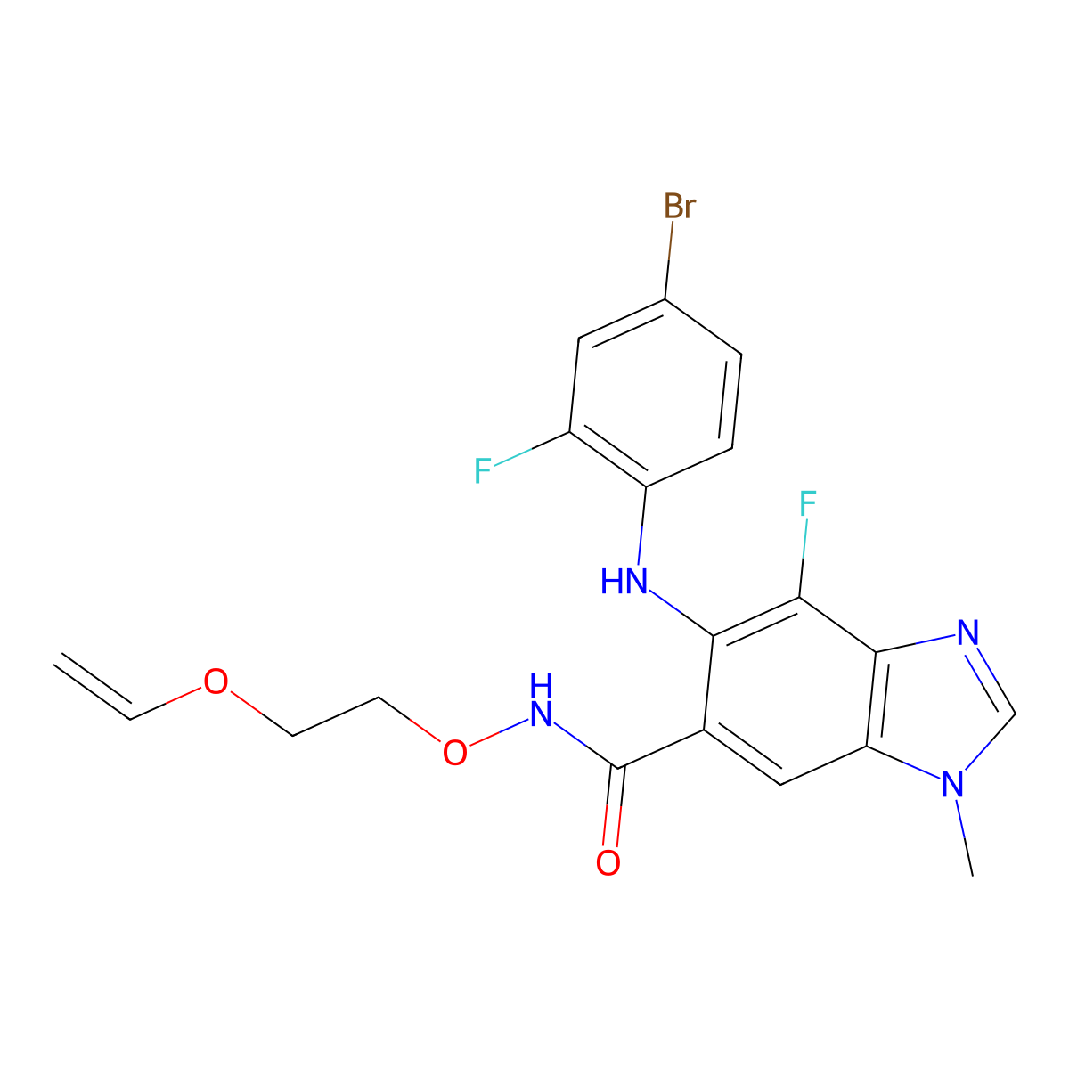5-((4-bromo-2-fluorophenyl)amino)-4-fluoro-1-methyl-N-(2-(vinyloxy)ethoxy)-1H-benzo[d]imidazole-6-carboxamide molecular structure, CAS 1415559-75-9